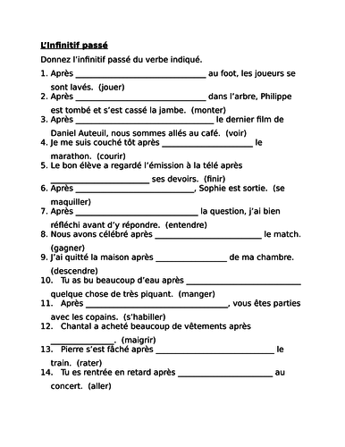 Infinitif pass Past Infinitive in French Worksheet 2 Teaching