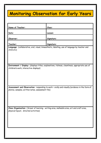 Early Years - Lesson Observation Form
