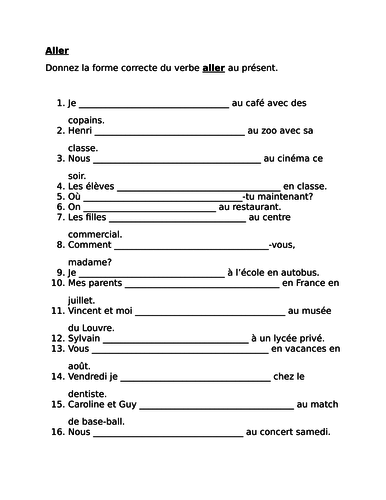 Aller French Verb Worksheet 3 | Teaching Resources