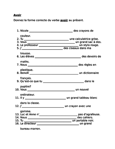 Avoir French verb worksheet 2 | Teaching Resources