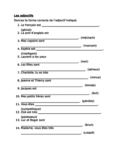 Adjectifs (French Adjectives) Worksheet 8 | Teaching Resources