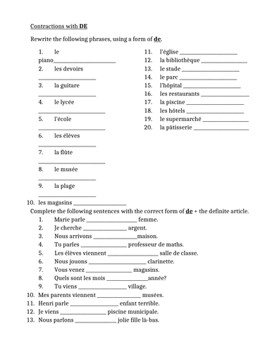 Contractions with DE + Definite Article in French Worksheet 1 ...