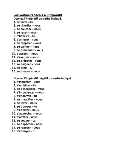 Verbes réfléchis (French Reflexive verbs) Impératif Worksheet ...