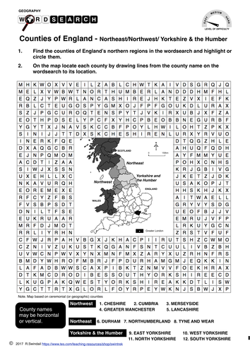Counties of England's north - wordsearch and mapping exercise