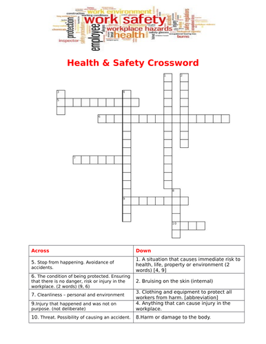 Health Safety Crossword Puzzle with Answers Teaching Resources