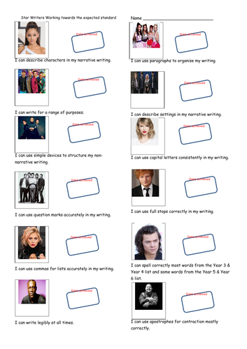 Pop Stars themed KS2 Writing Teacher Assessment Record Sheet - Working Towards the Standard.