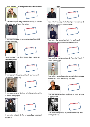 Pop Stars themed KS2 Writing Teacher Assessment Record Sheet - Working at the Expected Standard.