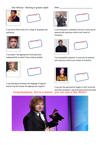 Pop Stars themed KS2 Writing Teacher Assessment Record Sheet - Working at Greater Depth.