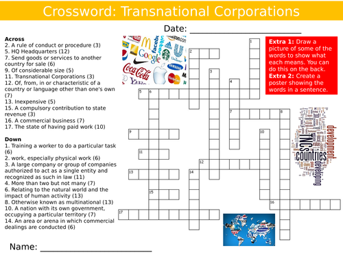 Transnational Companies Crossword Geography Starter Activity Keywords