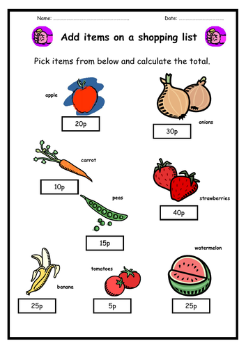 Money - Total items on a shopping list - for beginners!