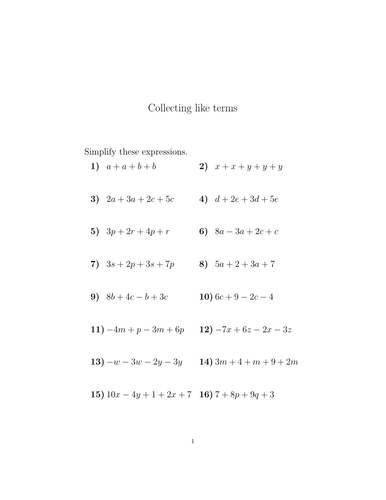 Collecting like terms-expressions with different variables worksheet