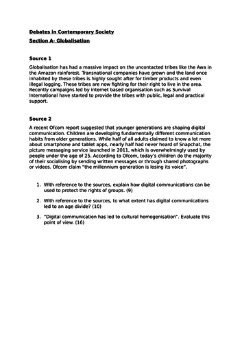 A level Sociology Paper 3 mock exam papers Globalisation and Education