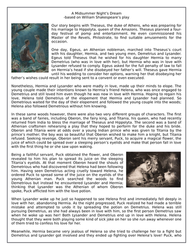 A Midsummer Night’s Dream - The Story - Reading Comprehension Worksheet ...