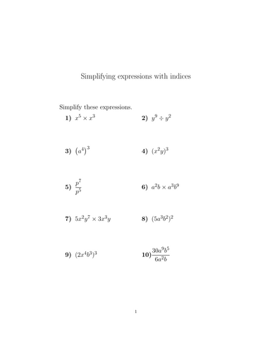 Simplifying expressions with indices worksheet (with solutions ...