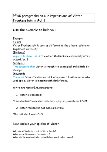 Frankenstein - the Pullman play Act 1 PEAK paragraphs | Teaching Resources