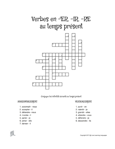 French -ER, -IR, -RE verbs crossword puzzle - Regular verbs - Present ...