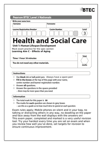 Btec Level 3 Health Social Care Unit 1 Human Lifespan Development Learning Aim B And C Exams Teaching Resources