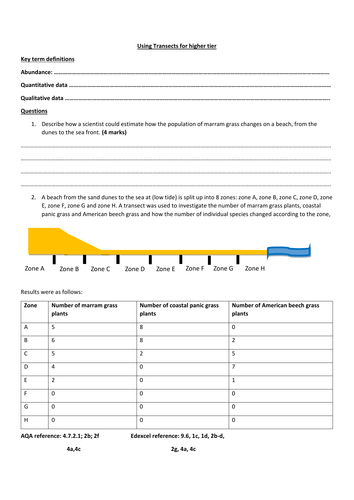 GCSE Biology new spec Higher Tier worksheet on using transects