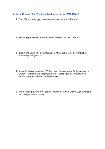 Year 1: Mock exam paper & mark scheme: AQA spec ( early concepts B4 functional areas) GOOD FOR Hw