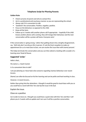 Telephone Script For Phoning Parents | Teaching Resources