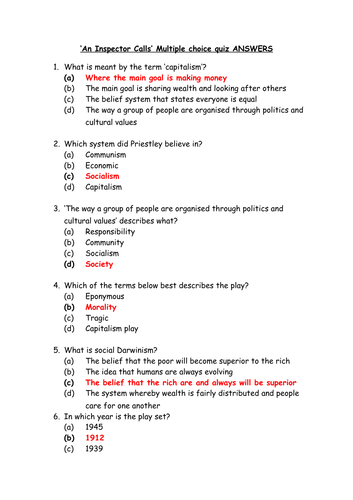 'An Inspector Calls' three multiple choice quizzes with answers