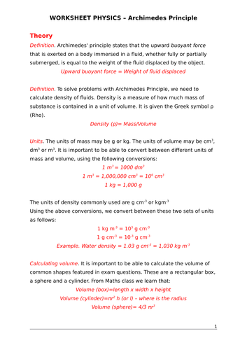 PHYSICS WORKSHEET - Archimedes Principle | Teaching Resources
