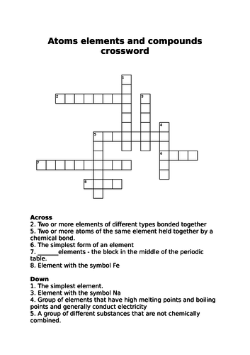 Atomic structure crossword Teaching Resources