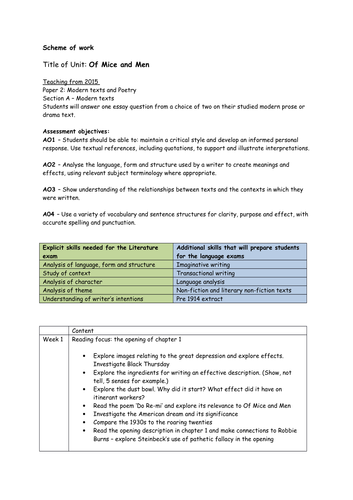 Of Mice and Men John Steinbeck Medium term plan KS3 MTP