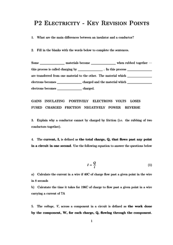 Electricity GCSE Revision Worksheet | Teaching Resources