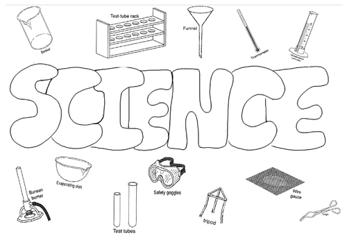 Science colouring poster equipment good for Christmas start or end of term