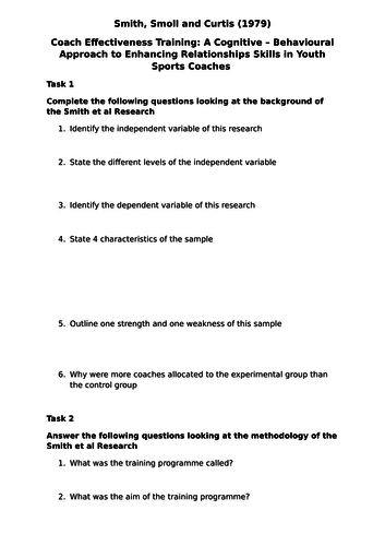 Smith, Smoll and Curtis (1979) Worksheet