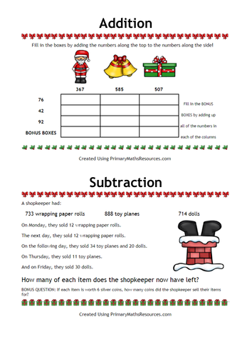 Christmas Maths Homework Year 3