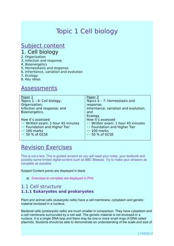 Revision booklet for AQA GCSE Biology 8461 Topic 1 - Cell Biology ...