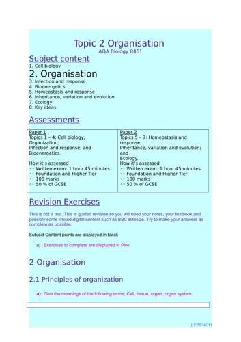 Revision booklet for AQA GCSE Biology 8461 Topic 2 - Organisation ...