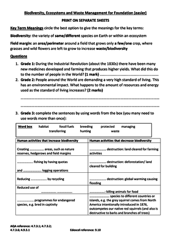 GCSE Ecology new spec Foundation: biodiversity, ecosystems and waste management worksheets