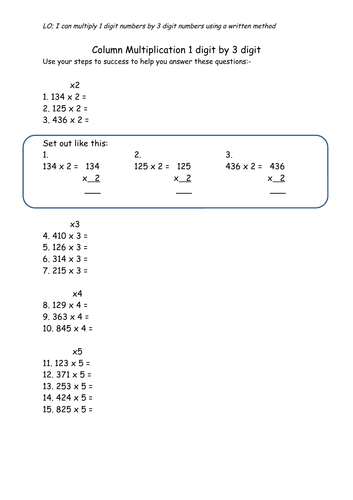 column multiplication 1 digit by 2 digit 3 digit teaching resources
