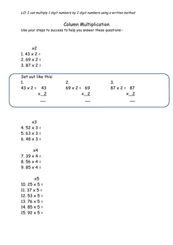 column multiplication 1 digit by 2 digit 3 digit teaching resources