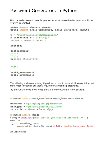 Python - A series of password generators | Teaching Resources