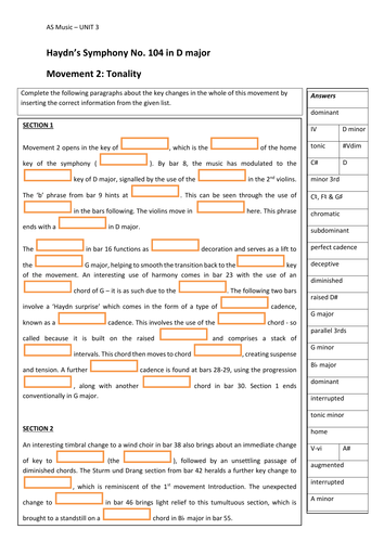 Harmony & Tonality Worksheets - Haydn Symphony No. 104 (Movements I & II)