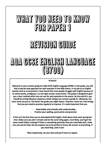 AQA GCSE English Language Paper 1 Revision Guide | Teaching Resources