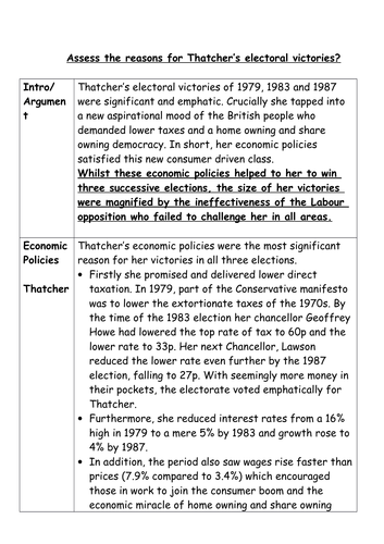 Model Answer:Assess the reasons for Thatcher’s electoral victories?