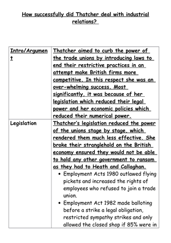 Model Answer:How successfully did Thatcher deal with industrial relations?