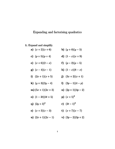 Expanding and factorising quadratics worksheet (with solutions