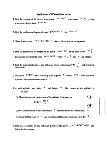 Applications of differentiation (new A level) - notes, examples, exercises and a homework/test