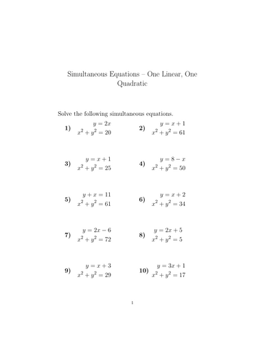 Simultaneous Equations – One Linear, One Quadratic worksheet (with ...