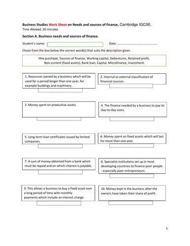 Business Studies Work Sheet on Needs and sources of finance, Cambridge IGCSE