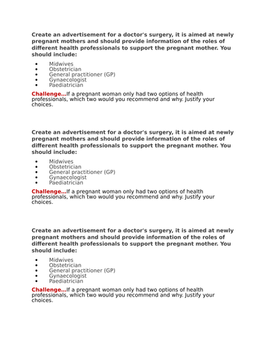 RO18 LO2.1 The roles of the different health professionals supporting the pregnant mother