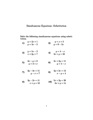 Simultaneous Equations Substitution Worksheet With Solutions Teaching Resources 3764