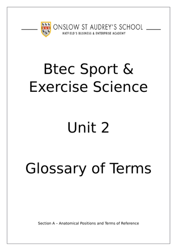 BTEC L3 Sport and Exercise Science UNIT 2 Glossary of terms | Teaching ...