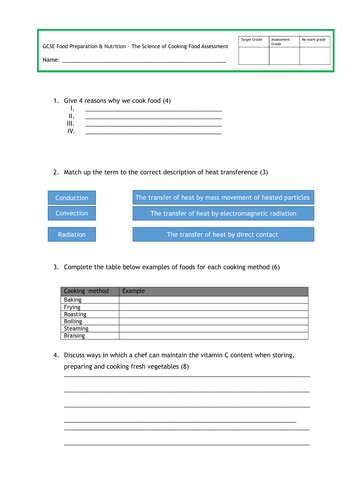 GCSE Food Prep - The Science of Cooking Food Assessment